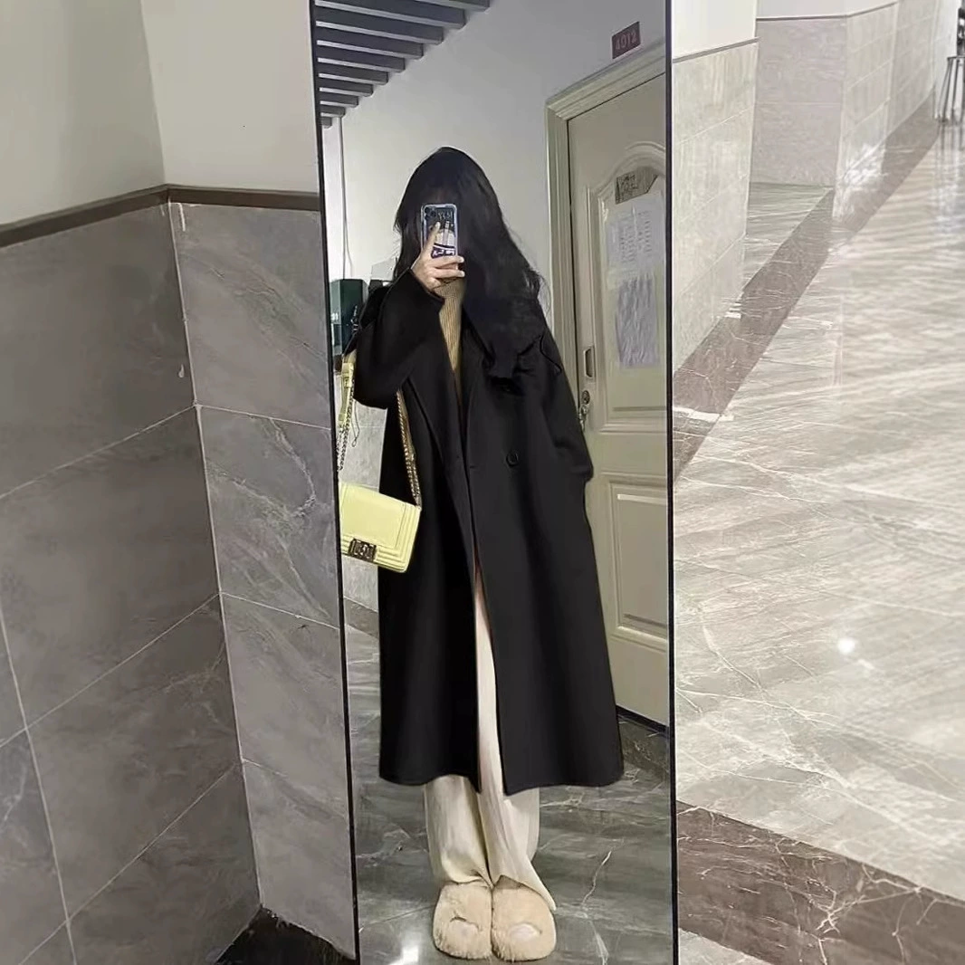 Кашемировое пальто в западном стиле женское колено 2024 новый осенний и зимний костюм корейская шерстяная шерстяная куртка свободная