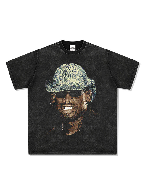 Dennis Rodman Basketball Star Character Portrait American Retro Printed Short-Sleeved T-Shirt Heavy Loose Top