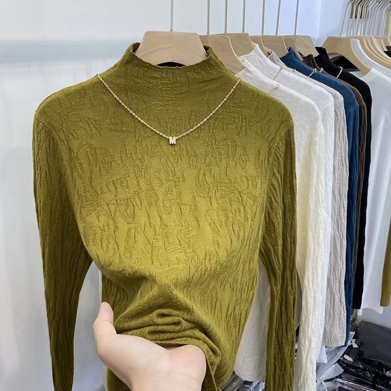 European Style Lazy Style Half Turtleneck Sweater for Women in Autumn and Winter, Western Style Tight Knitted Bottoming Shirt, Long-Sleeved Top T-Shirt
