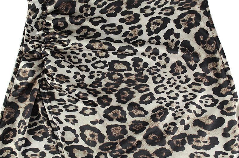 Sexy Leopard Print Printed V neck Sexy Pleated Nipped Waist Slim Tall Looking Split Dress