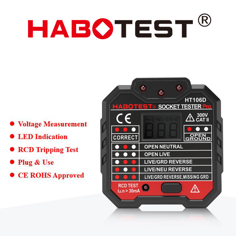 华博HT106 BDE系列插座测试仪电源极性检测器相位检测插座检测器