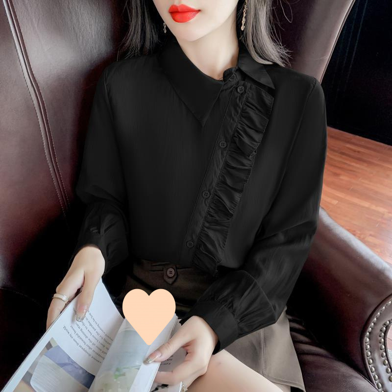 유럽 러플 긴 소매 셔츠 여성의 새로운 2024 가을 패션 작은 셔츠 불규칙한 디자인 센스 옷