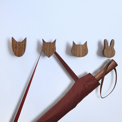 Fun Animal Solid Wood Hooks Creative Wooden No-Trace Adhesive Coat Hooks Door Behind Coat Hook Black Walnut Style
