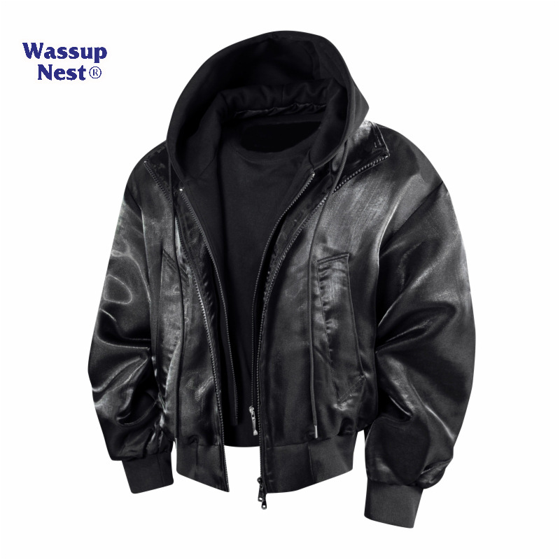 WASSUPNEST美式复古假两件夹克男款春秋潮流宽松休闲百搭连帽外套