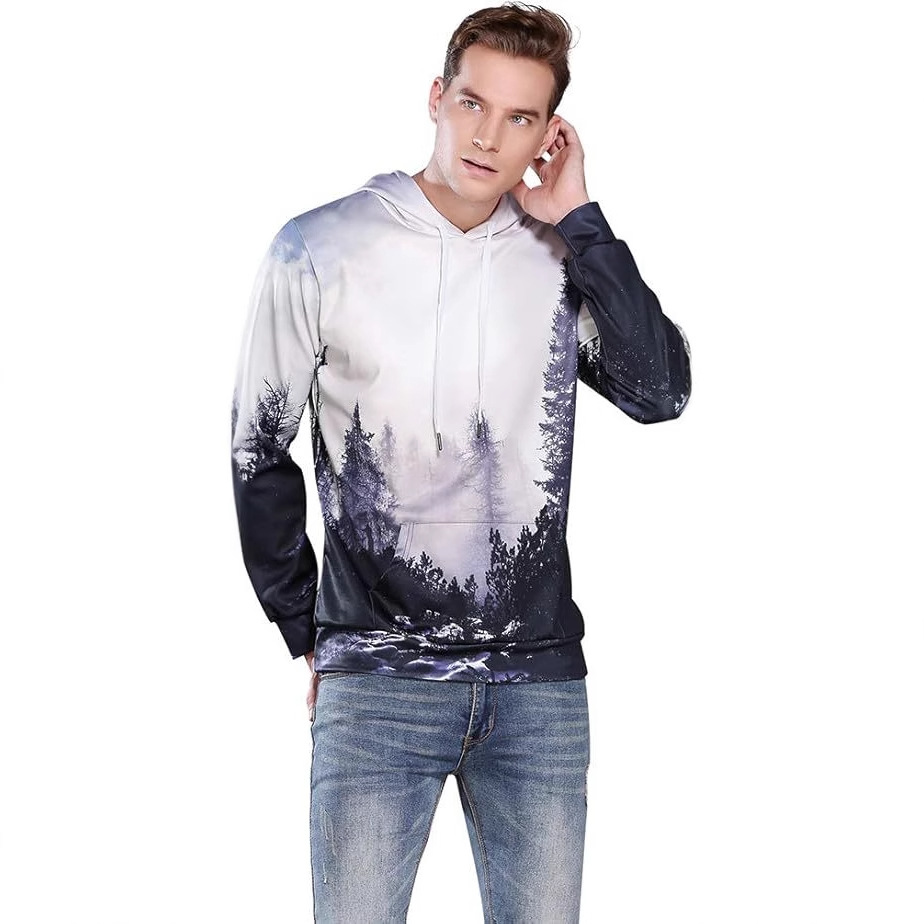 Suéter con capucha y cordón de manga larga con estampado 3D de bosque de tinta simple para hombres y mujeres con el mismo estilo de primavera y otoño