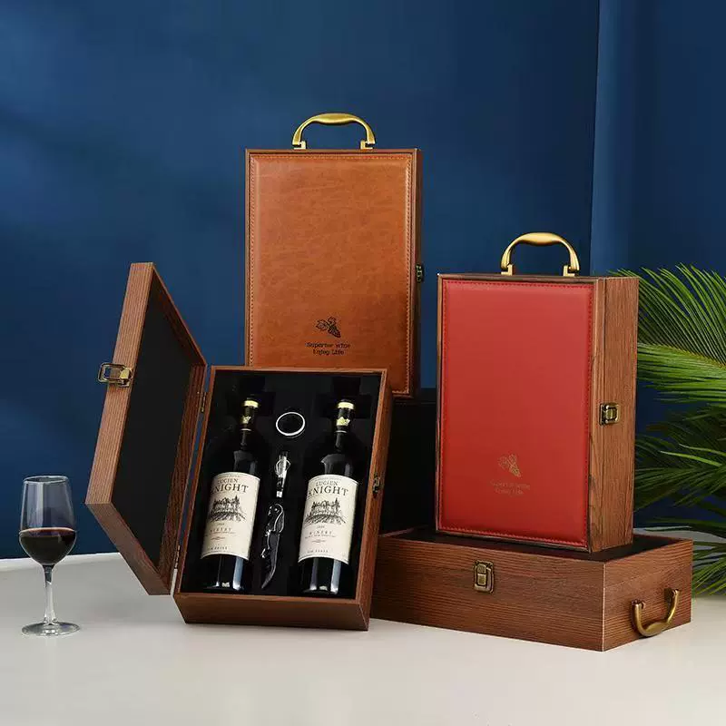 红酒盒仿木盒商务送礼高档红酒包装盒红酒箱子木箱皮加木酒盒包装