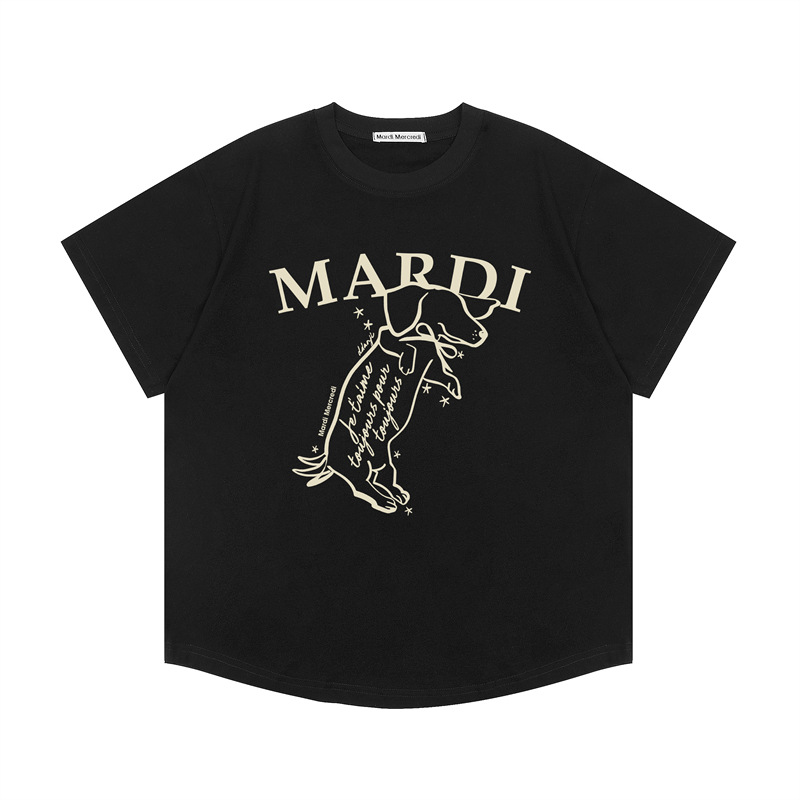 韓国マルディ Tシャツダックスフントレタープリントルーズカジュアルラウンドネック半袖 Tシャツトップ女性用