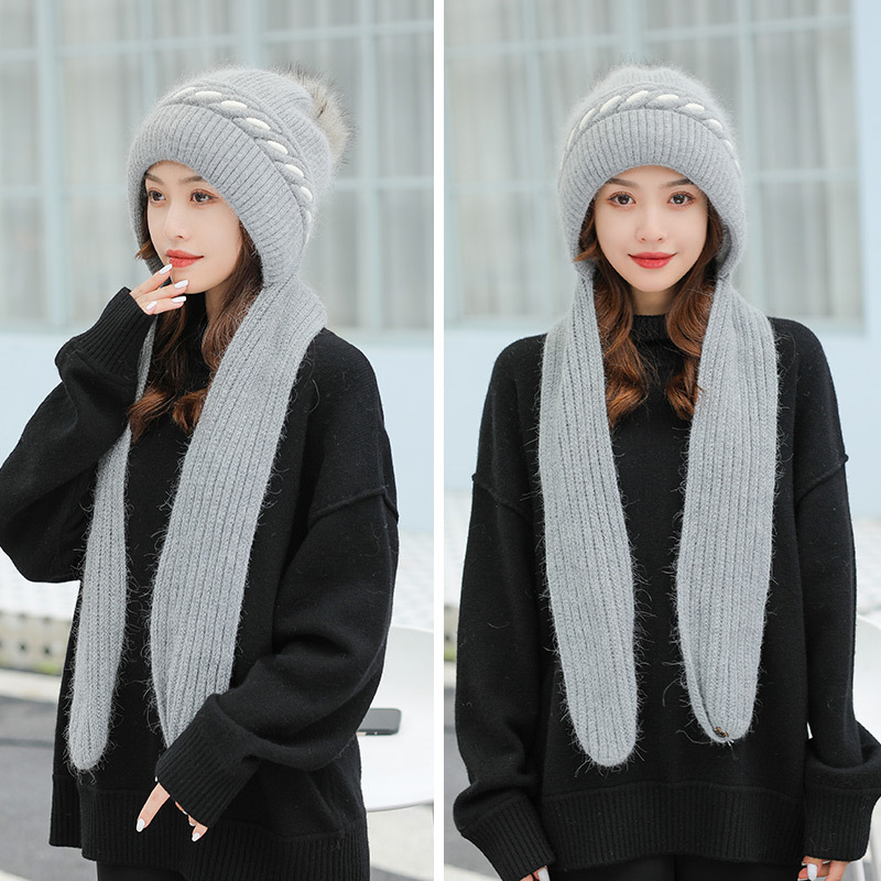 Scarf one-piece hat women's winter one-piece wool rabbit fur hat warm thickened knitted pullover hat cycling ear protection tide