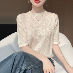 【メーカー直供】高級天糸半袖tシャツ女性夏の薄い丸襟氷糸ファッション減齢ニット