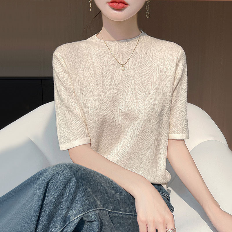 [Factory Direct Supply] High-end Tencel Short-sleeved T-shirt Women's Summer Thin Round Neck Ice Silk Fashionable Age-reducing Knitted Sweater