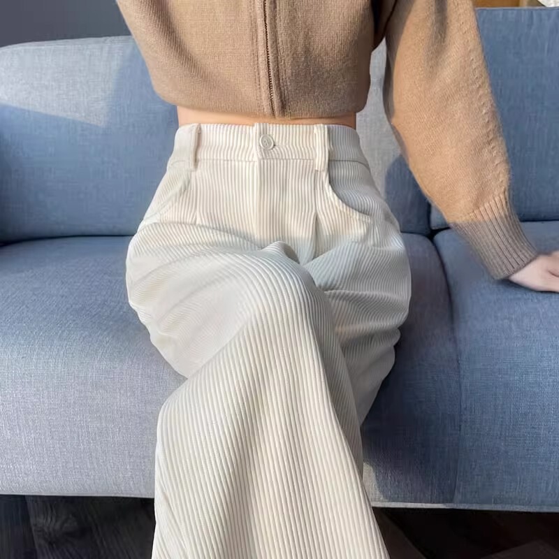 White Corduroy Wide-leg Pants Women's 2024 Autumn and Winter New High Waist fleece-lined Narrow Straight Pants