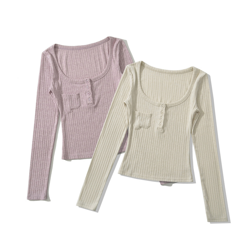 Round Neck, Large Neckline, Slim Fit, Sexy Waist Long-Sleeved Bottoming Shirt, European and American Autumn and Winter New Chest Flap Pocket Pants Women's T-Shirt