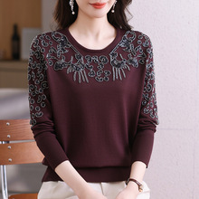 中老年女装圆领刺绣钉珠春秋宽松妈妈装毛衣针织打底衫上衣跨境