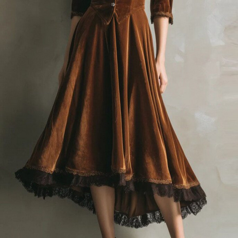 Women's Street Hipsters, Western Style, Autumn And Winter Velvet Patchwork, Lace Swing Dress_ecoleips.com