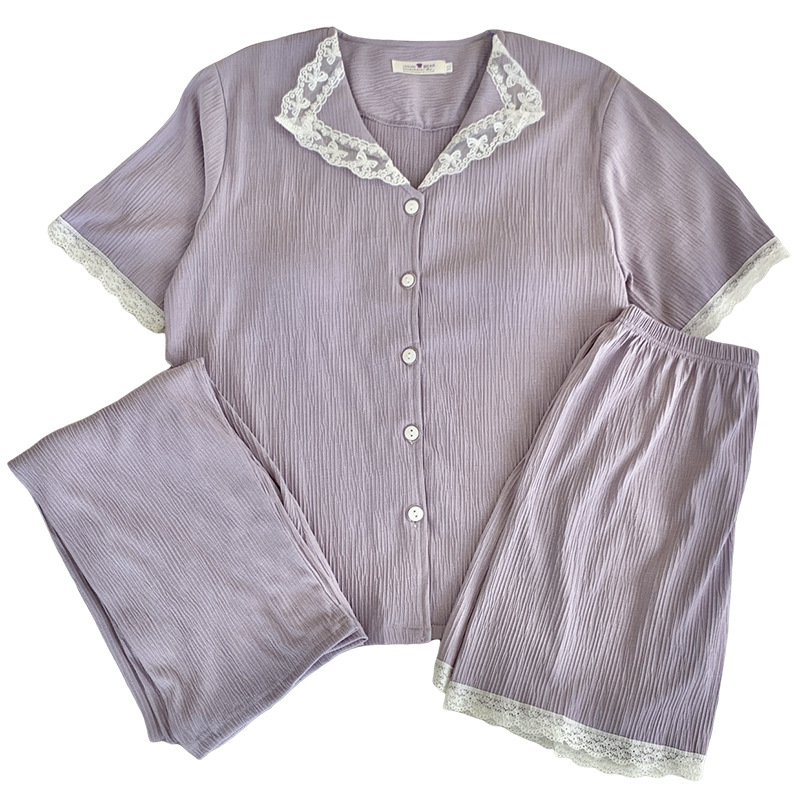 Taro púrpura gasa pijamas de verano de las mujeres de manga corta de algodón puro con almohadilla en el pecho de la primavera y el otoño de alto grado desgaste del hogar traje de tres piezas