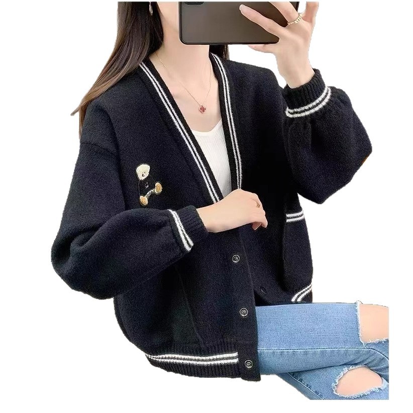 Women's Cozy Bear-Pattern Knit Cardigan – Solid Color College Style Sweater (Mint/Black/Ash/Apricot, One Size Fits Most)_voghion.com