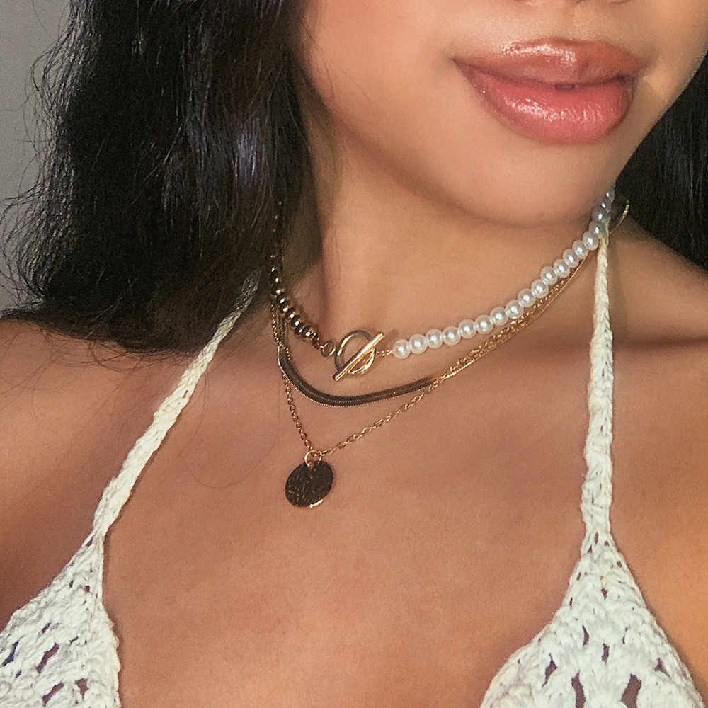 Set collana multistrato con perle e monete per donna 3 pezzi_voghion.com