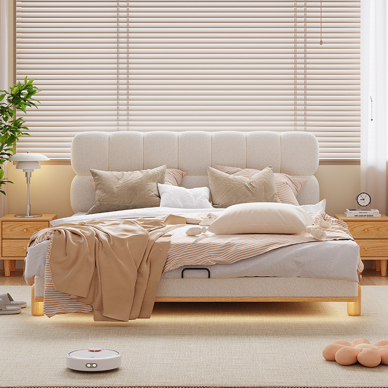 Cama de tela de madera de cera blanca, cama de dormitorio francesa, cama de chica, gato, tela de nube, nube, cama doble moderna y simple