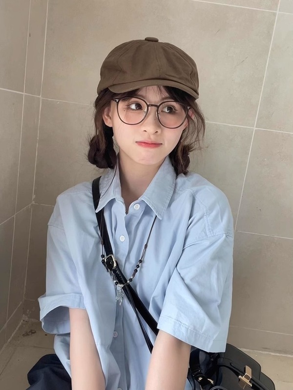 日本夏 2025 新しいブルー半袖シャツ女性のカジュアルルーズコットン多用途半袖トップイントレンド|undefined