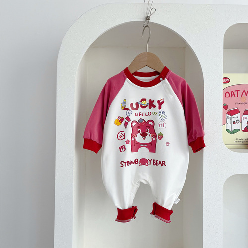 0-2 years cute cartoon red raspberry bear one-piece outfit trendy for boys and girls long-sleeved long pants cotton onesie crawl suit