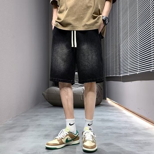 Vintage Washed American Denim Shorts for Men - Summer Loose Straight Leg Wide-leg Streetwear Trendy Brand 5-inch Pants with a Sense of Elegance