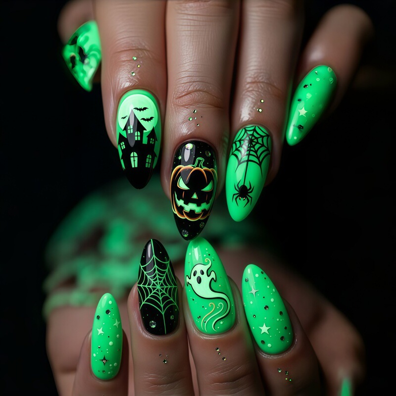 Creepy Halloween Press-On Nails Green Light Ghost Almond False Nails Pumpkin Lantern Ghost Spider Web Nail Stickers YA88 Creepy Halloween Press-On Nails Green Light Ghost Almond False Nails Pumpkin Lantern Ghost Spider Web Nail Stickers YA88