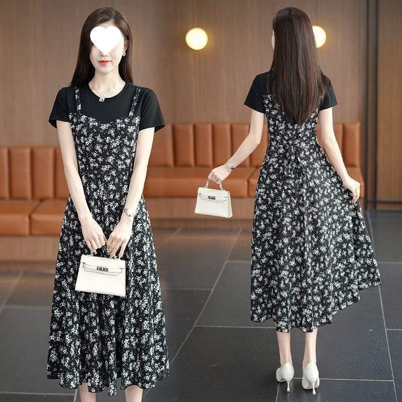 2025新款连衣裙女洋气拼接短袖长裙假两件遮肚显瘦胖mm气质碎花裙|undefined