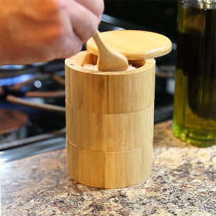 Kitchen seasoning bottle kitchen supplies bamboo three-layer seasoning jar bamboo salt jar multi-layer round bamboo seasoning box