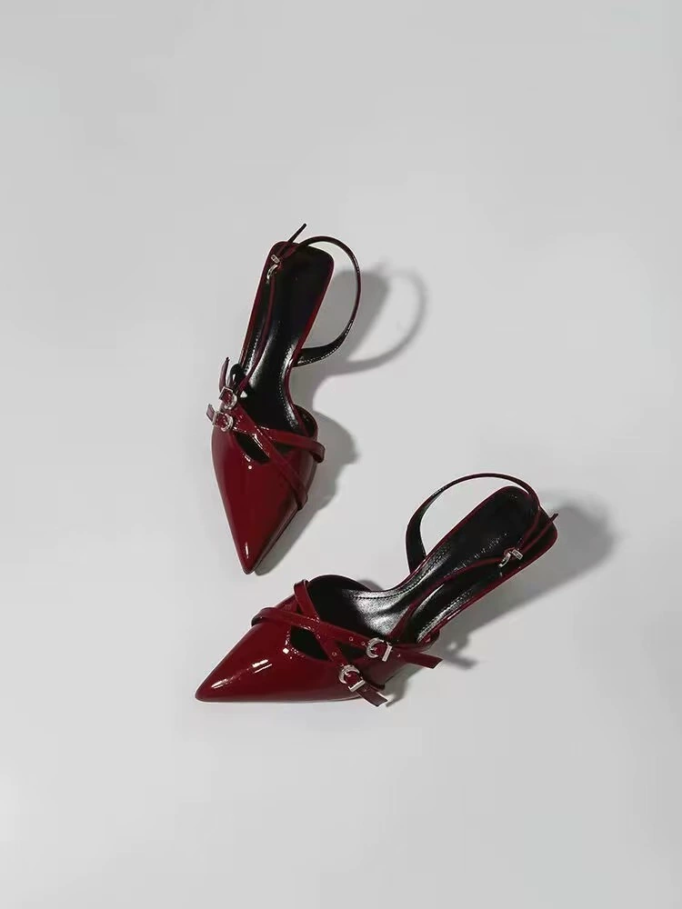Women’s slingback pointed‑toe heeled sandals, slim thin heel, one‑strap buckle, spring/summer 2025
