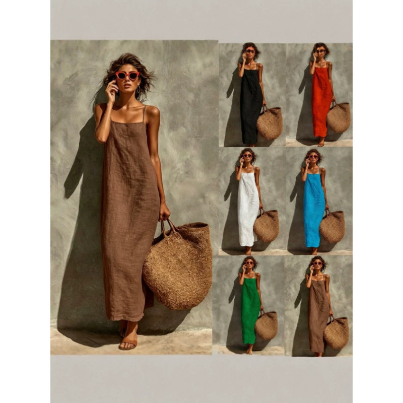 2026 Cross-Border European and American Summer New Solid Color Sexy Vintage Casual Cotton Linen Strap Long Dress for Women