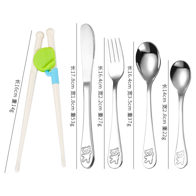 Creativo 304 de acero inoxidable cuchillo para niños, tenedor y cuchara palillos traje de dibujos animados de alto aspecto cuchara de entrenamiento Tenedor Oso vajilla