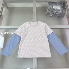 XM 2026春夏新品满印长袖T恤男女童圆领套头短袖假两件上衣夏装