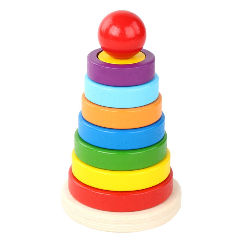 Jengle Juguetes Educativos de madera para niños de madera torre de siete colores conjunto Arco Iris Torre bloques de construcción puesto Venta caliente al por mayor