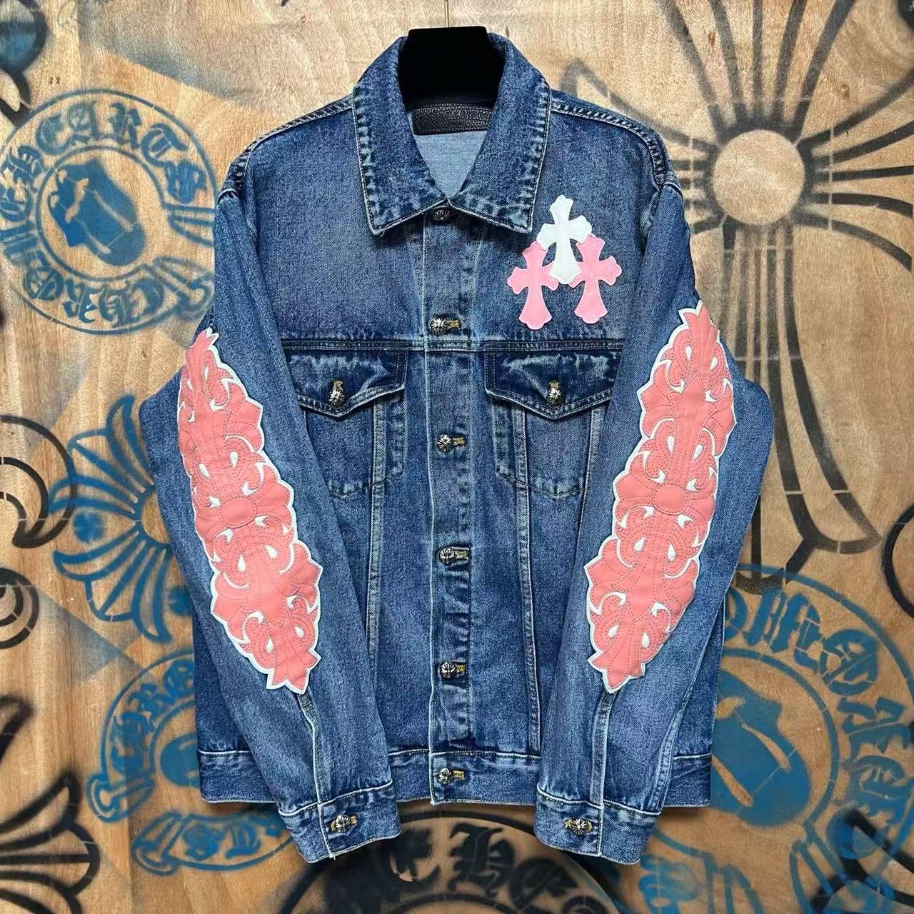 Autumn and Winter New American High Street Ch Men's and Women's Crow Core Cross Flower Leather Denim Loose Jacket Jacket for Couples