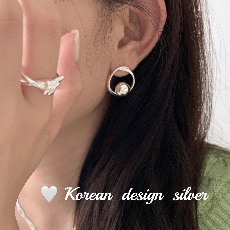 韓國ins博主同款亮銀飾品 S925純銀鏤空幾何形圓球耳環 小眾耳釘