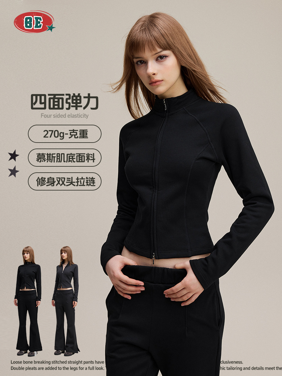 Ropa de mujer BE | Cárdigan de Manga Larga para Mujer, Estilo Europeo y Americano, Retro, Cuello Alto, Cierre de Cremallera, Estilo Lulu, Textura Mousse, Entallado, Otoño 2025 image 1