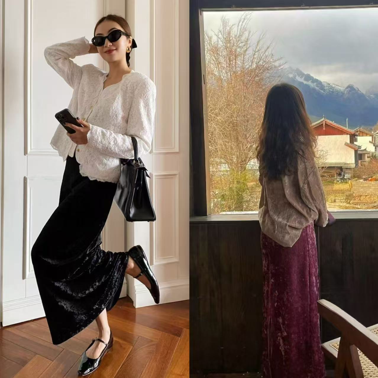 【Main Recommendation】Yuran 26 Early Spring New Model Vi Skin-Feel Dense Weave Silk Ice Flower Velvet Diagonal Cut Elastic Waist Long Skirt