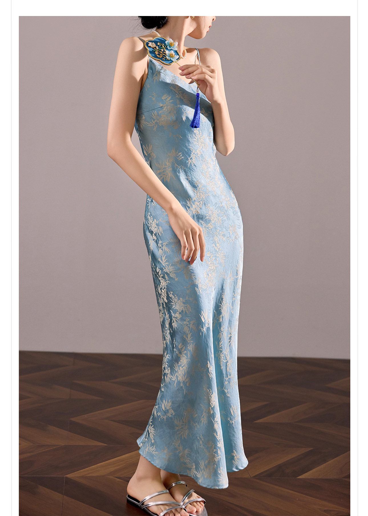 Váy maxi cạp cao vải rayon họa tiết lá tre xanh mùa hè, dáng suông tôn dáng ZX M4081 — Màu xanh nước hồ chi tiết 7