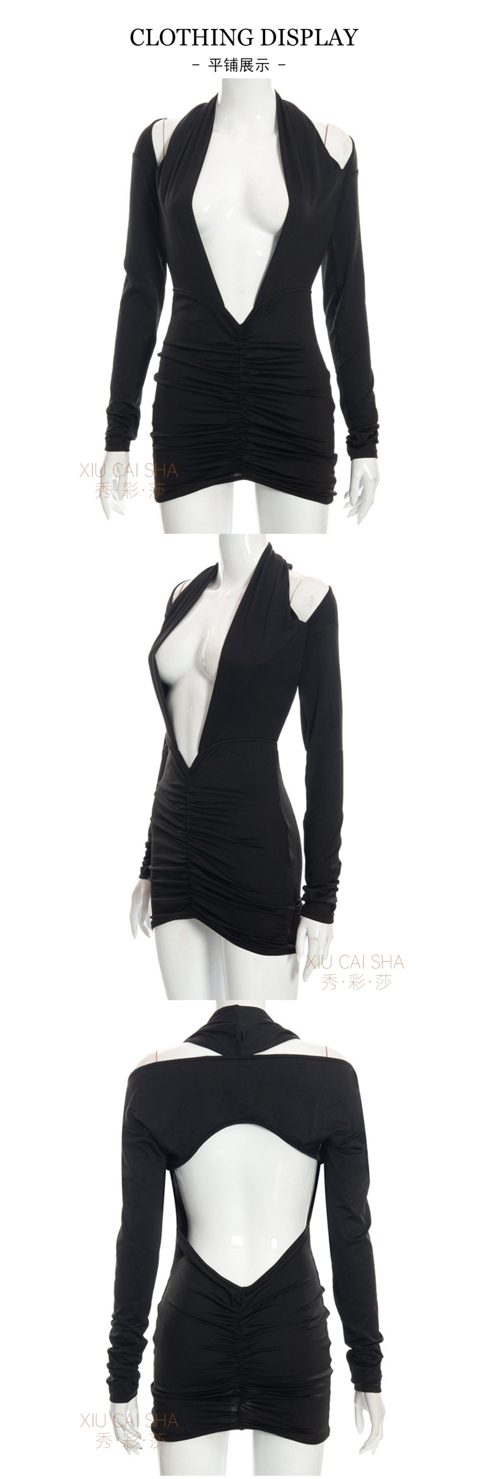 Xiuaisha Women’s Backless Deep V-Neck Lingerie Dress with Bodycon Skirt and Black Open-Crotch Stockings — detail image 14
