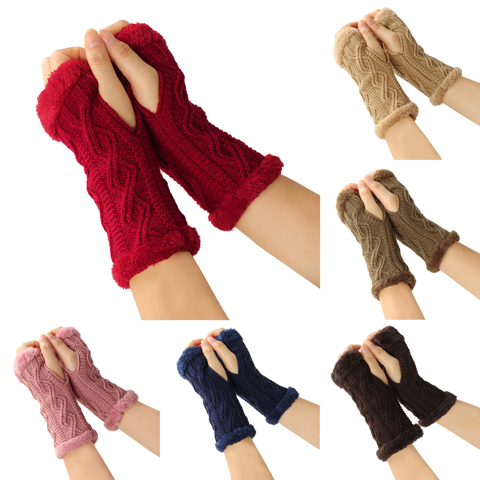 Plush And Thickened Gloves, Diamond Shaped Short Knitted Fingerless Plush Sleeves, Autumn And Winter Warm Plush Gloves_voghion.com