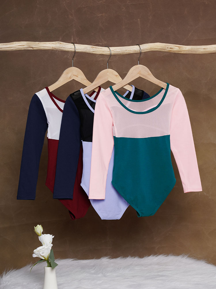 Traje de baile para niños Traje de entrenamiento de manga larga de primavera para mujer Traje de gimnasia de dos piezas falso Traje de ballet con costuras de color en contraste Traje de rendimiento