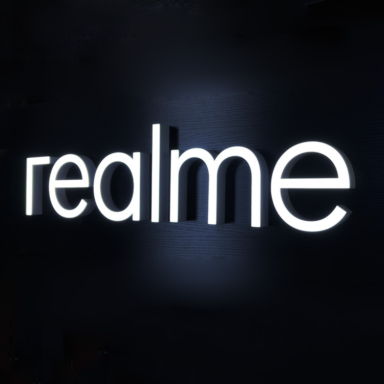 realme brand storefront signage, LED illuminated advertising lettering, ABS molded injection molded letter shell, waterproof acrylic.