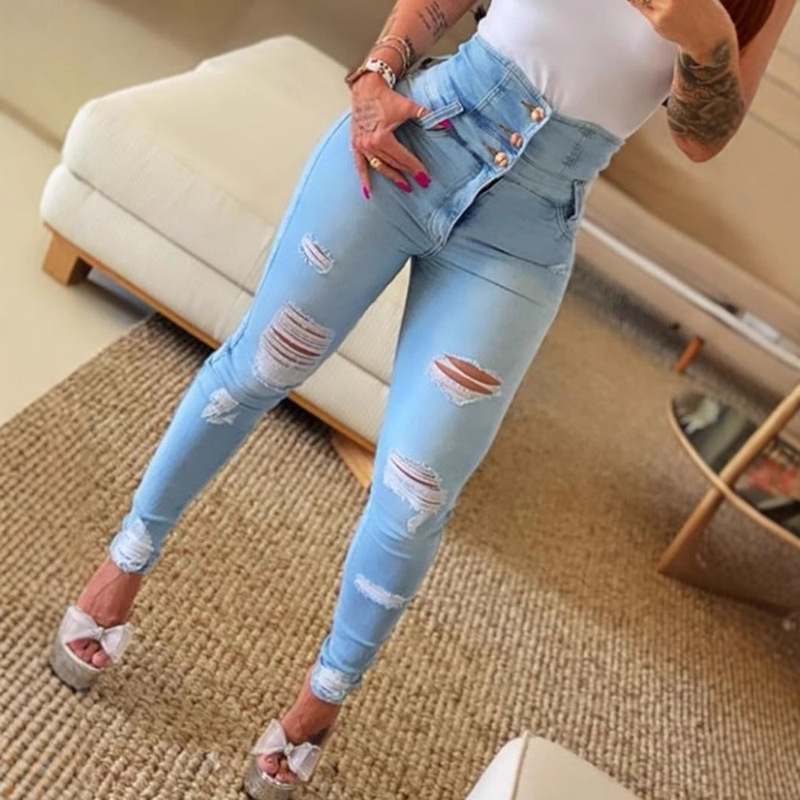 2022 New Amazon AliExpress Slim-Fit High Waist Ripped Tight-Fit Rusted Leg Jeans Trousers