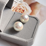 正圆极光人造akoya天女级珍珠耳钉自然伴彩海水珍珠通体s999足银