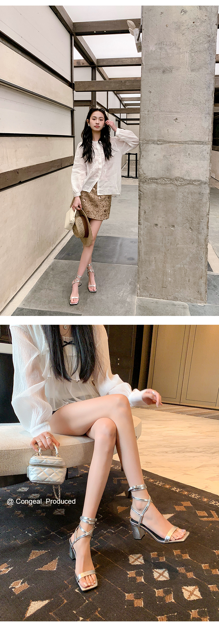 Sandal cao gót nữ hở mũi quai chân phong cách tiên nữ gót thô — Màu đen chi tiết 9