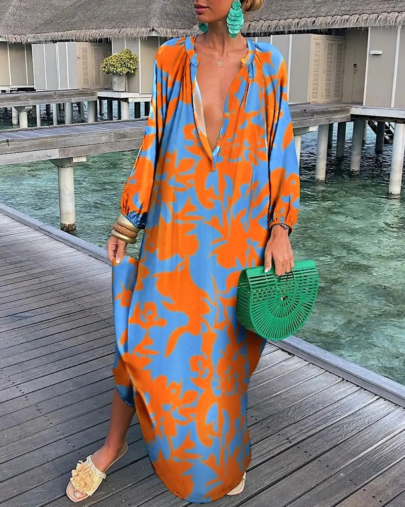 Regular Sleeve Sleeve Type Polyester Fabric Type Travel Occasion Deep V Neckline Regular Fit Fit Type Wholesale Women'S Vacation Printing Color Block Travel Deep V Long Sleeve Pencil Skirt