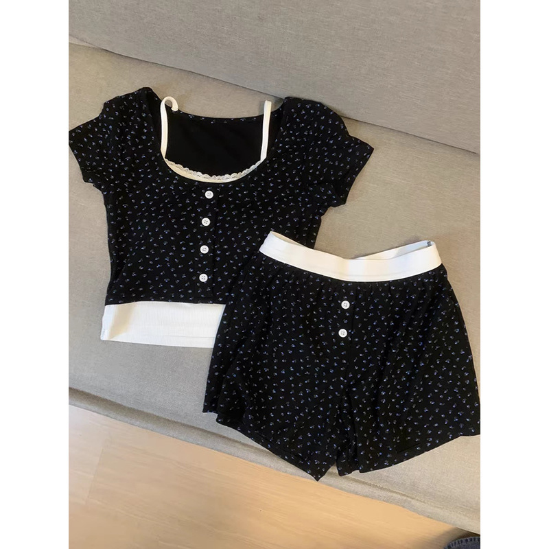 Pure Desire Sweet Floral Pajamas with Chest Pad Women's Summer 2024 New Slim Fit Home Clothes Short Sleeve Shorts Set Pure Desire Sweet Floral Pajamas with Chest Pad Women's Summer 2024 New Slim Fit Home Clothes Short Sleeve Shorts Set