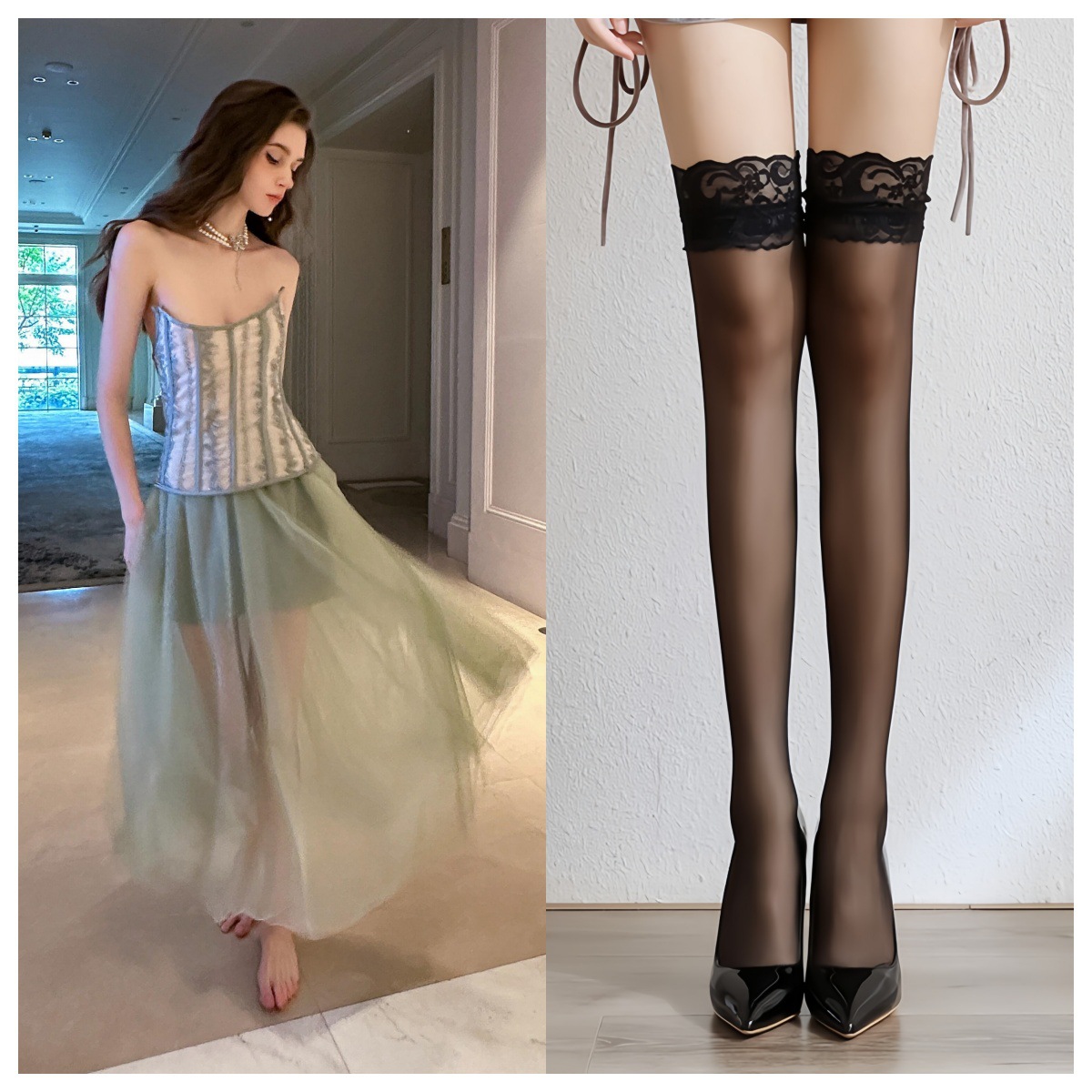 연한 녹색 정장 + 검정 스타킹