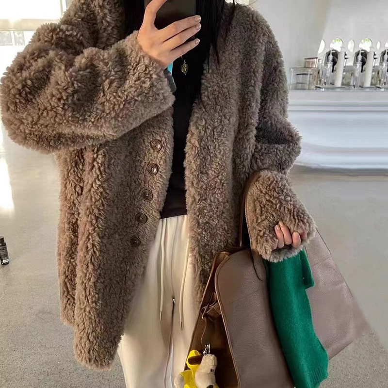 2024 Winter Maillard Style Full Wool Fur Elegant Lamb Wool Particles Sheep Shearer Fur One Medium Long Coat
