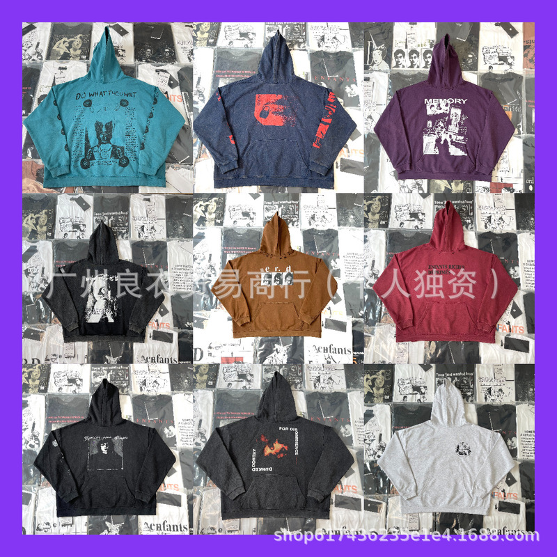 American High Street Erd Melancholic Rich Second Generation Destruction Washed Distressed Pullover Hoodie Loose Hooded Sweatshirt for Men and Women American High Street Erd Melancholic Rich Second Generation Destruction Washed Distressed Pullover Hoodie Loose Hooded Sweatshirt for Men and Women